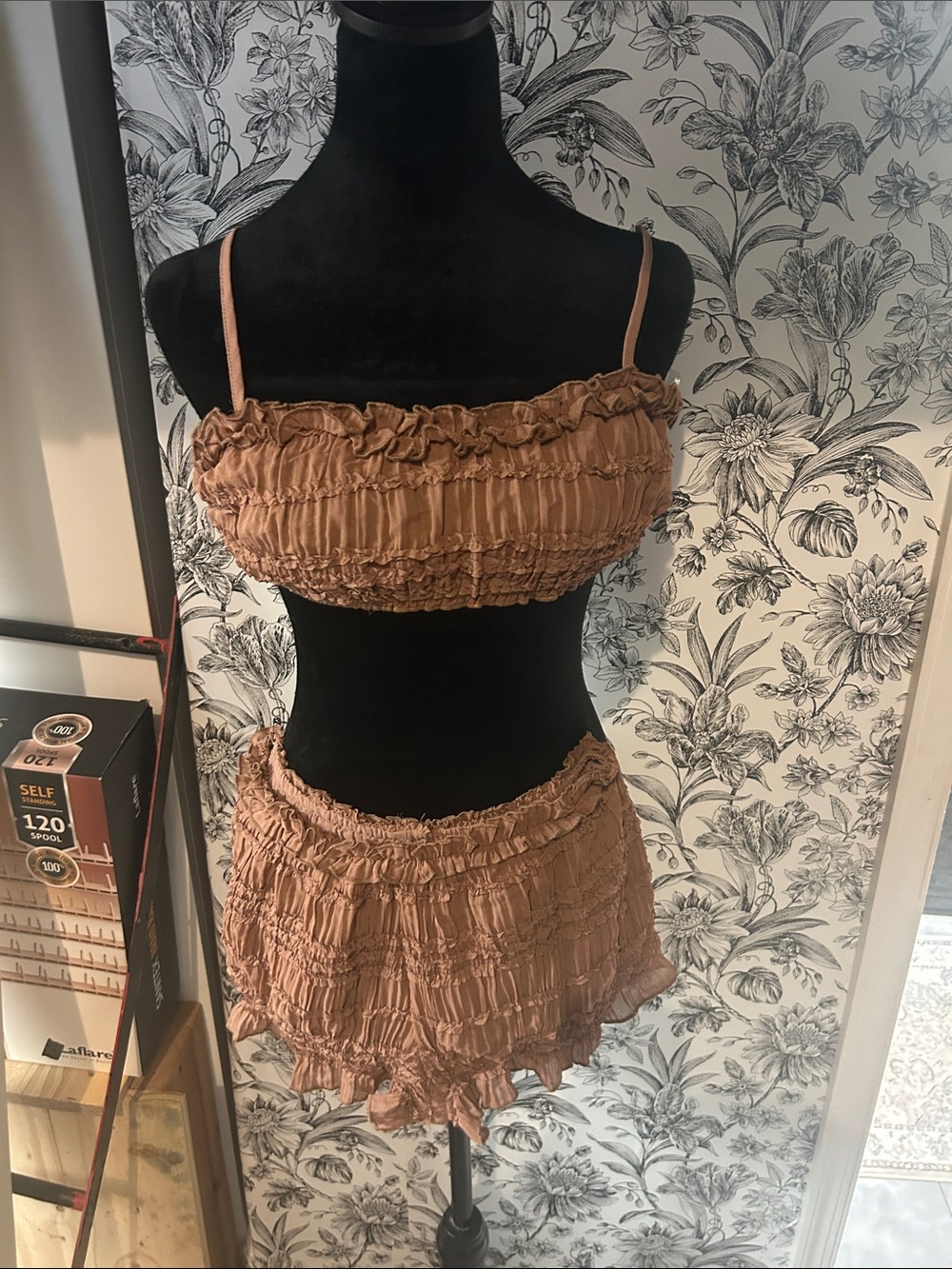 Fashion Nova Tan Smocked Ruffle Two-Piece Set